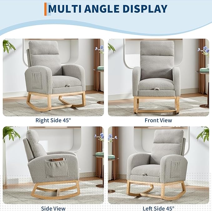 thumbnail image 6 of Rocking Chair Nursery, Nursing Rocking Chairs with Foot Rest for Mom Nursery, Rocker Glider Chair with High Backrest for Living Room,Bedroom, Upholstered Lounge Chair with Solid Wood Base for Relaxin, 6 of 7