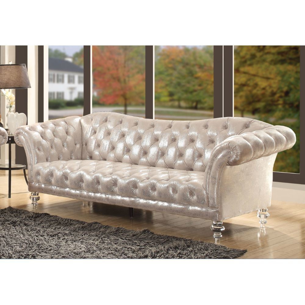 Gray Faux Leather Tufted Reclining Sofa with Rolled Arms