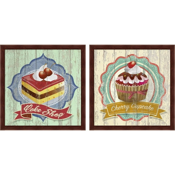Great Art Now Cake Shop & Cherry Cupcake by Skip Teller, 2 Piece Framed Art Set Each 13"W x 13"H
