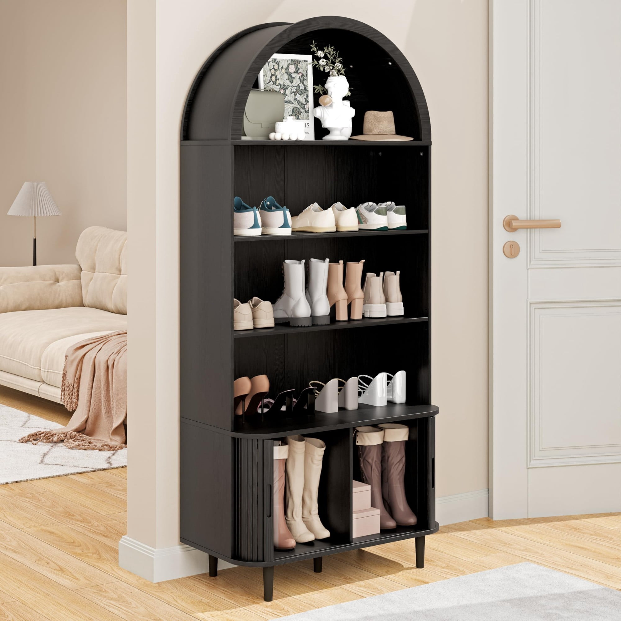 71" Tall Arched Bookshelf, 5 Tier Modern Farmhouse Bookcase with Sliding Doors & Adjustable Shelves, Wood Display Cabinet, Black