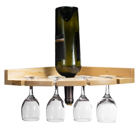 NEX Wood Wall-mounted Wine Rack Holder, Corner Shelf for Wine Bottles and 4 Stemware Glasses