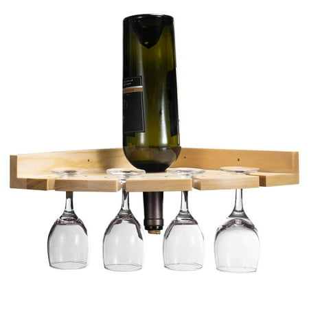 Wine Bottle Wine Glass Holder NEX Rustic Wood Wall Mounted Wine Rack Holder, Corner Shelf for Wine Bottles and 4 Stemware Glasses (NX-HK127-26) ()