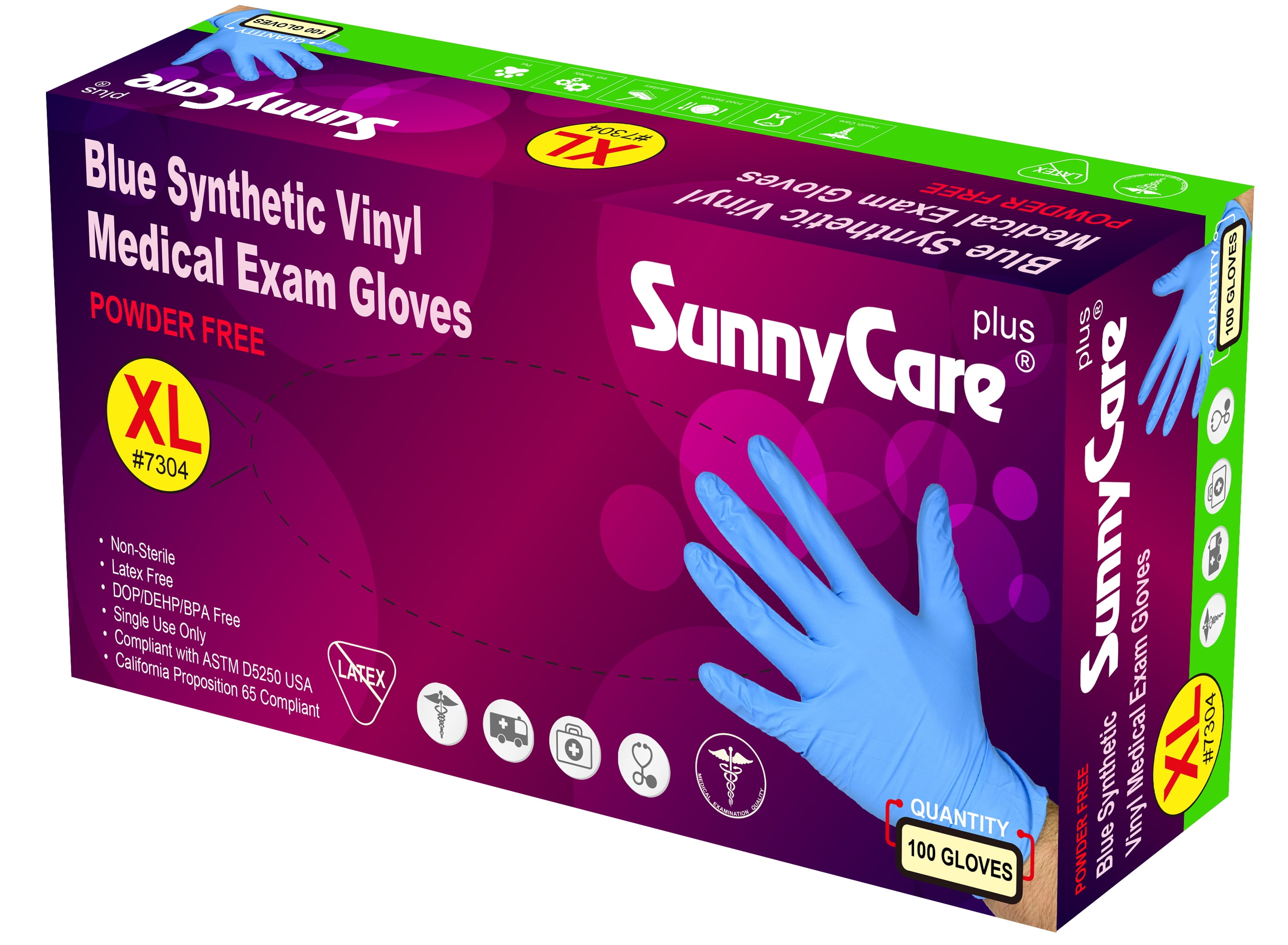 100/Box 7304 SunnyCare Blue Vinyl Synthetic Exam Gloves, (Nitrile