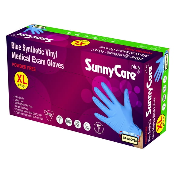 100/Box #7304 SunnyCare Blue Vinyl Synthetic Exam Gloves, (Nitrile Latex Powder Free) - Size: X-Large