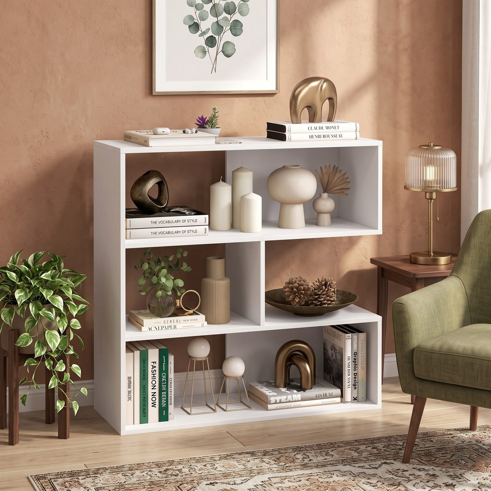 Furnibear Concave Geometric Bookshelf, 3-Tier Open Bookcase with Anti-Tipping Kit for Living Room Bedroom Study Office, Freestanding Display Storage Shelf Unit, White