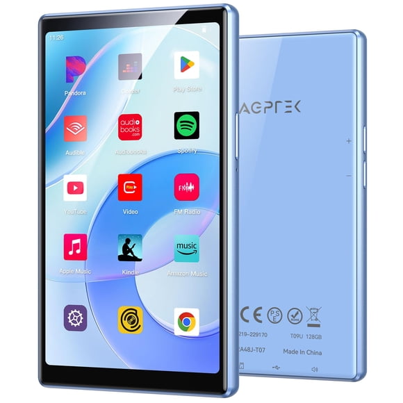 AGPTEK Reproductor MP3 de 5'' 128GB con Bluetooth y WiFi, Pantalla Táctil T09 Android 13, Reproductor de Música con Spotify, Audible, YouTube, Hasta 1TB (Azul)