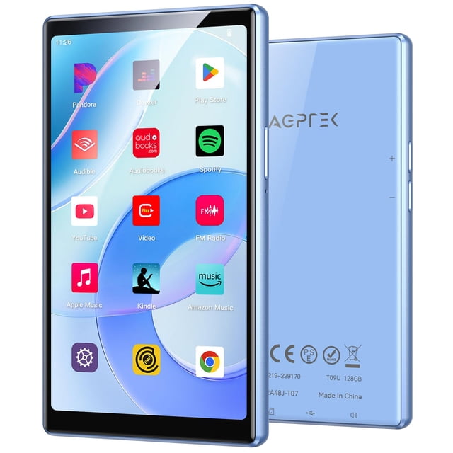 AGPTEK Reproductor MP3 de 5'' 128GB con Bluetooth y WiFi, Pantalla Táctil T09 Android 13, Reproductor de Música con Spotify, Audible, YouTube, Hasta 1TB (Azul)