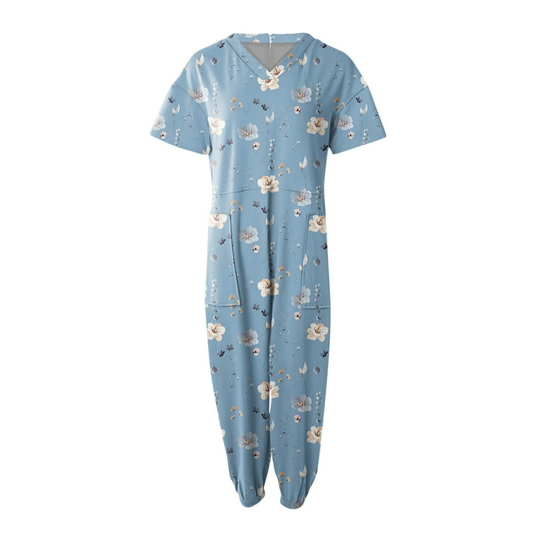 SKSloeg Petite Jumpsuits for Women V Neck Short Sleeve Zipper Overalls Wide Long Jumpsuits Plus Size Rompers Jumpsuit Vintage Floral Print Rompers with Pockets Plus Size Overalls Light Blue Large Walm...