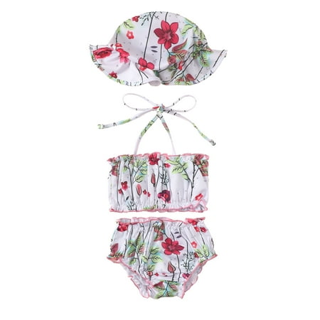 

Nokpsedcb Toddler Infant Baby Girls Split Swimsuit 3PCS Set Summer Floral Print Stripe Hanging Neck Sleeveless Lace Swimwear Shorts Swim Cap White 12-18 Months