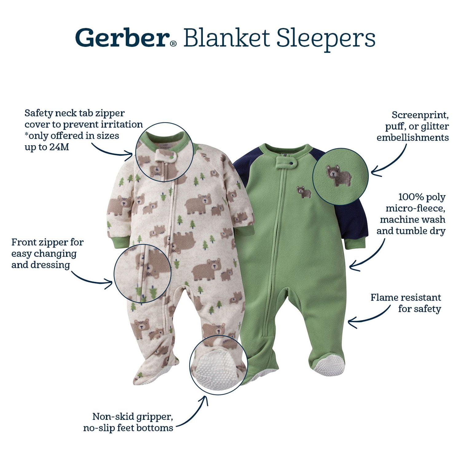 Gerber Baby & Toddler Neutral Microfleece Blanket Sleeper Pajamas, 2-Pack, Sizes 0/3M-5T