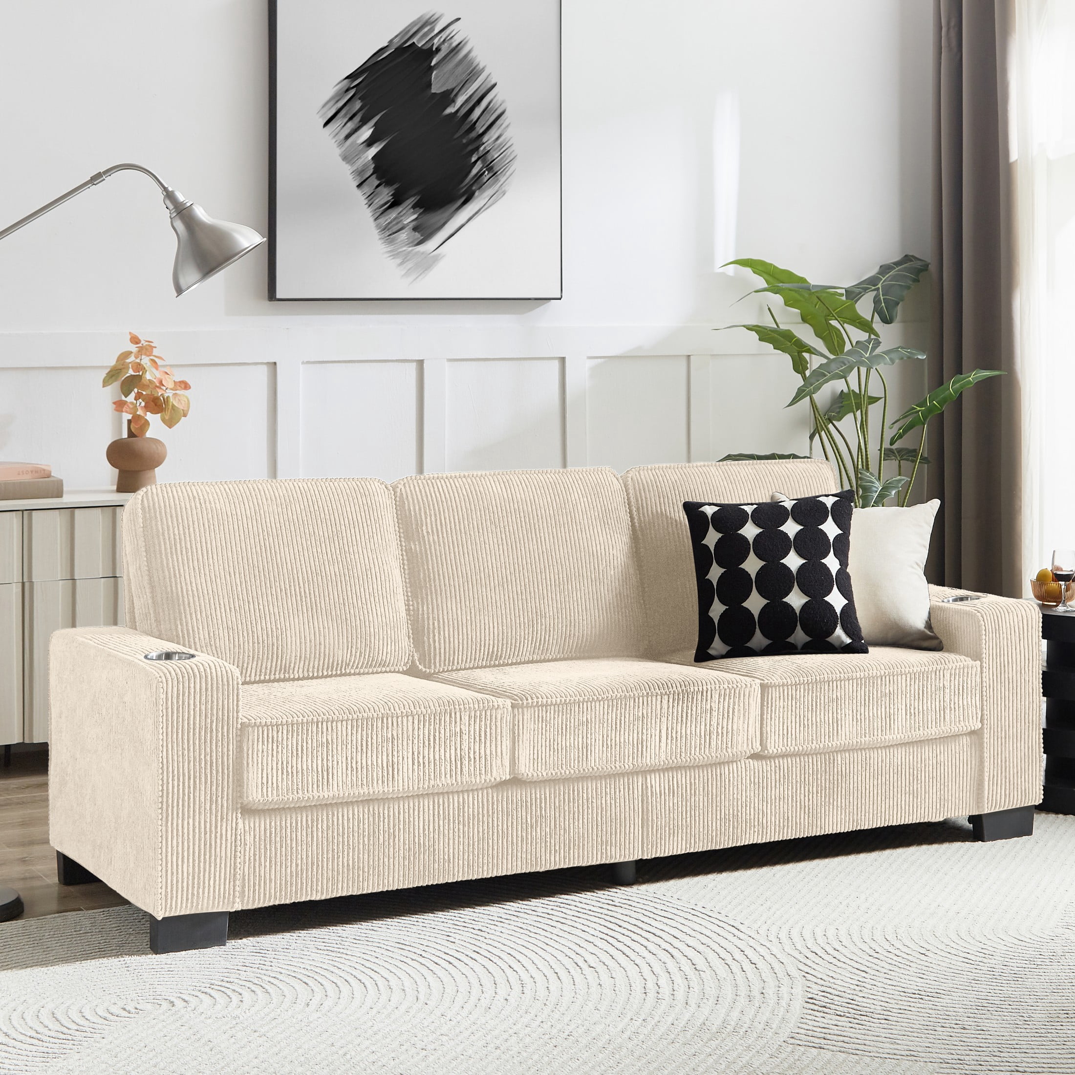 Aukfa 84" Corduroy Sofa with Cup Holders, Modern 3-Seater Fabric Couch for Living Room, Beige