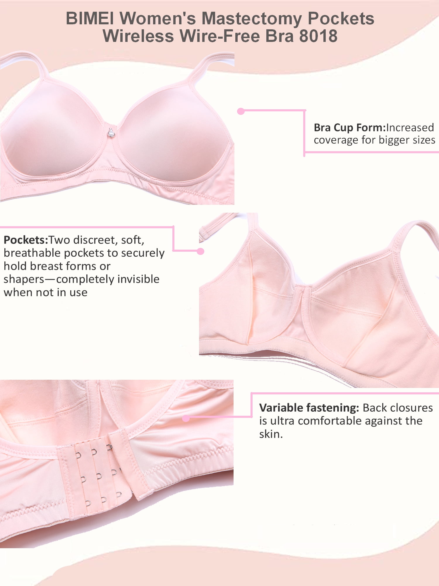BIMEI Mastectomy Bra with Molded Foam Cups,T Shirt Bra for Women, Everyday Pocketed Seamless Wire Free Bra, Smoothing for No-Show Lines,Light Beige,38B