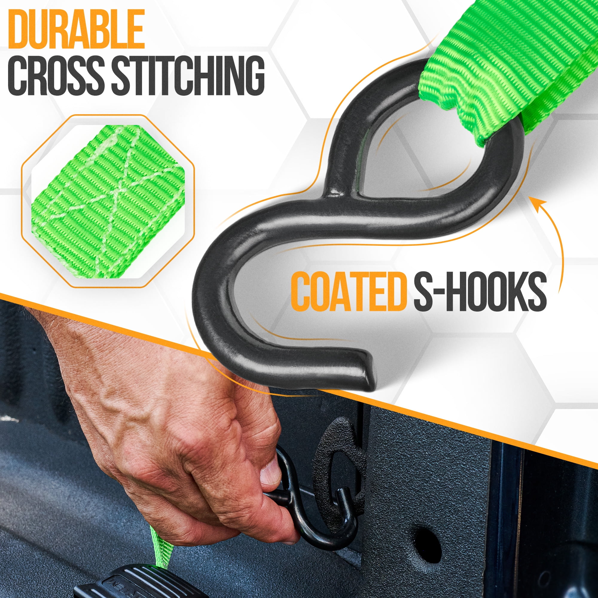 FORTEM Ratchet Straps, 1650lb Break Strength, 4 Pack 15ft x 1in Tie Down Strap Set, 4 Soft Loops, Motorcycle Straps Tie Downs, Cargo Cam Buckles for Trucks, Rubber Handles, Carry Bag