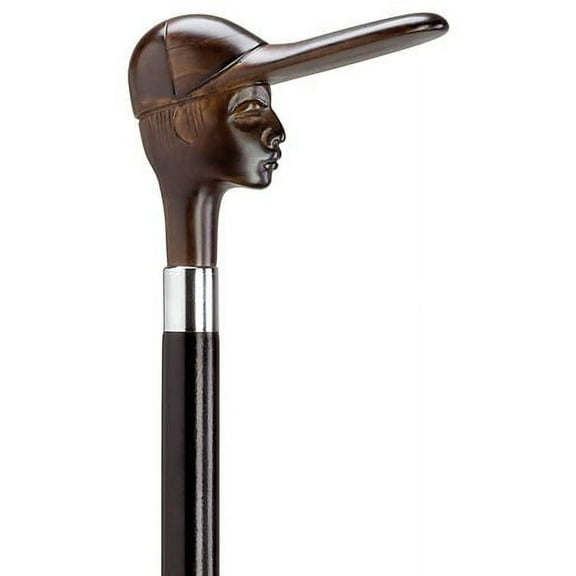 Walking Cane Molded Jockey Head Cane Black Maple Shaft, Brown Handle