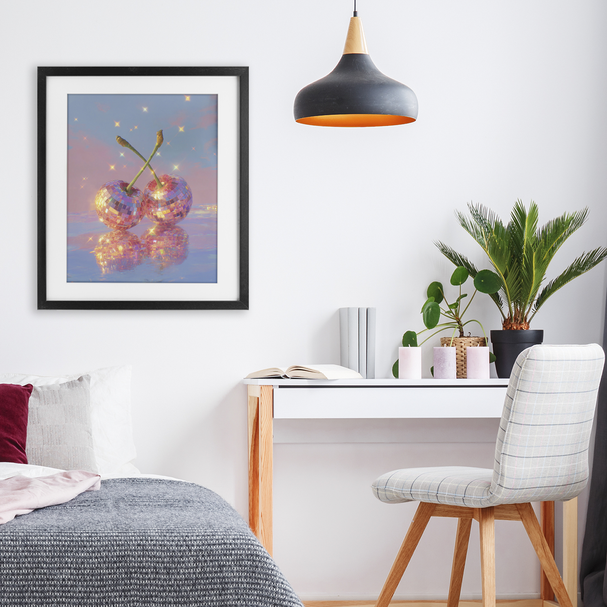 Disco Cherry Reflection Black Framed Print Under Glass, design by Ziwei Li