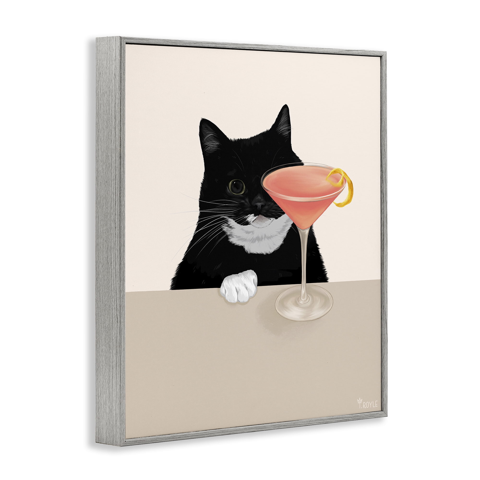 Stupell Industries Cat & Pink Cocktail Food & Beverage Painting Gray Framed Art Print Wall Art, 11 x 14