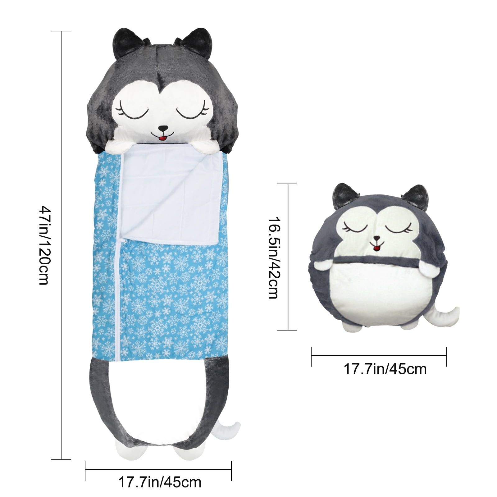 KKL Kids Sleeping Bag with Pillow, 2-in-1 Foldable Gray Dog Sleeping Bag, 47 x 18 inch