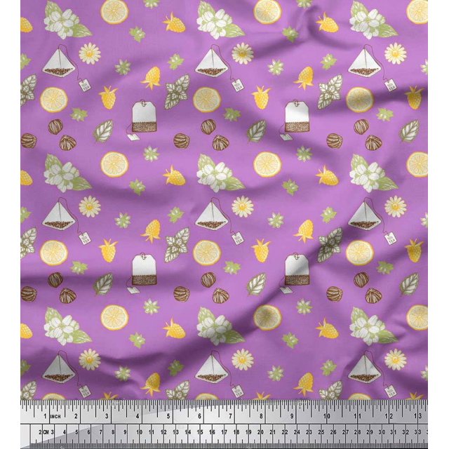 Soimoi Purple Poly Georgette Fabric Tea Bag,Star Anise & Lemon Slice Vegetable Decor Fabric Printed Yard 42 Inch Wide