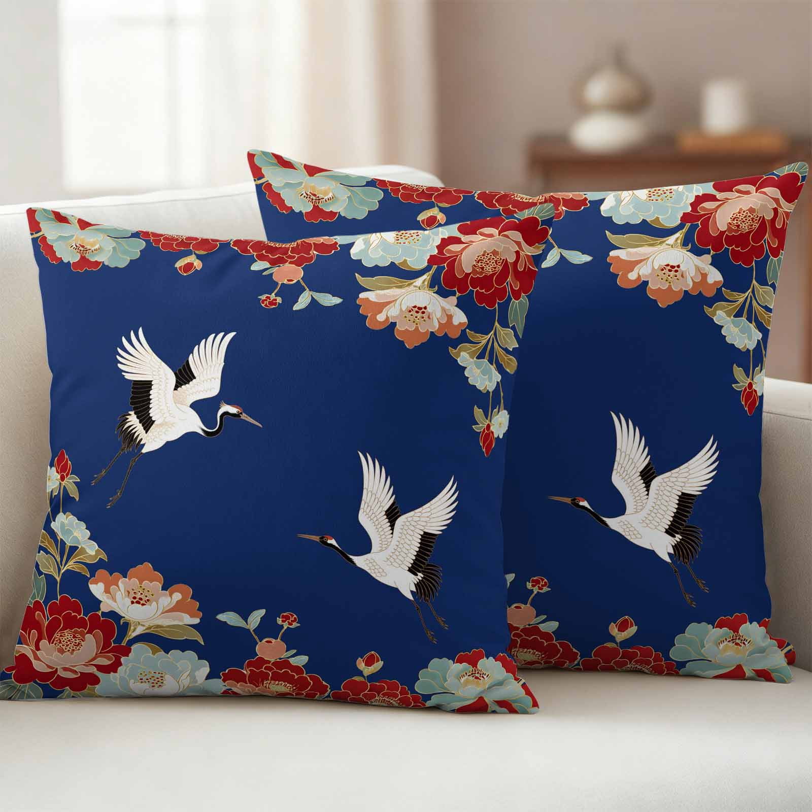 Pack of 2 Blue Crane Outdoor Pillow Covers Decorative, Waterproof Pillow Protector, Vintage Red Teal Spring Floral Botanical Throw Pillowcases Accent Cushion Cases for Patio Couch Sofa 18"x18"