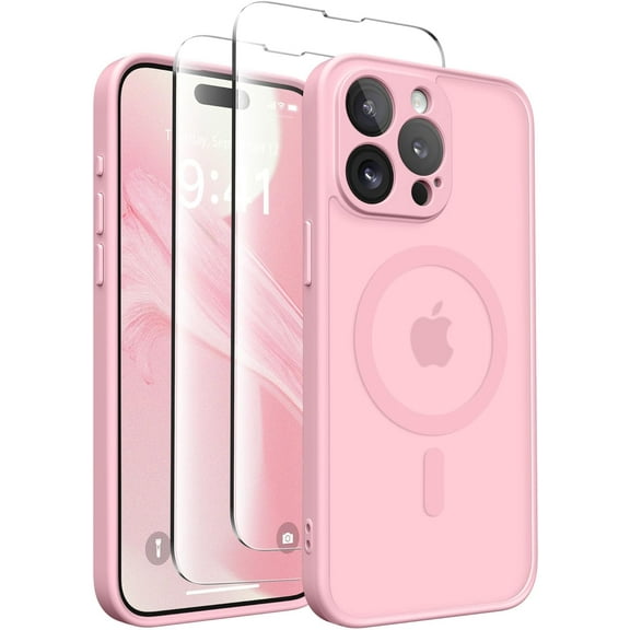 Magnetic for iPhone 15 Pro Max Case, [Compatible with MagSafe] [Full Camera Protection] Shockproof Protective Slim Translucent Matte Phone Case for iPhone 15 Pro Max 6.7'', Peach Pink