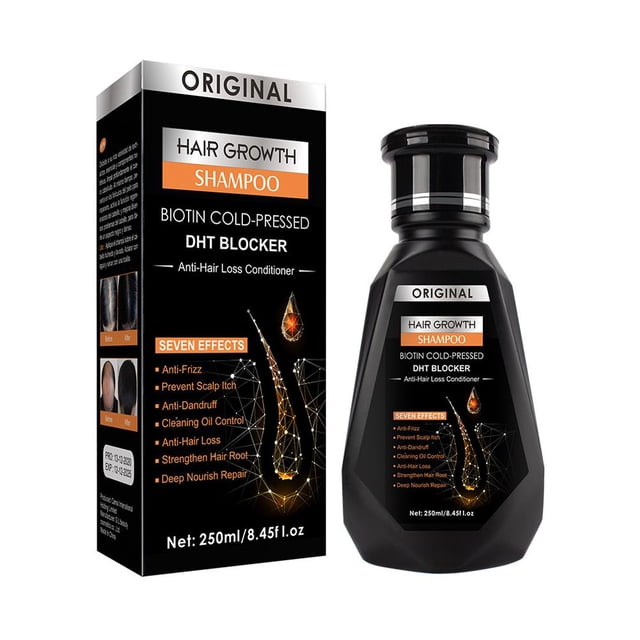 sgacai champú anticaída del cabello champú natural con jengibre para el crecimiento del cabello para hombres y mujeres 2024 botella y caja frontal, vista centrada; envase facetado negro con etiqueta negra y naranja que muestra 'Hair Growth Shampoo' y 'Biotin Cold-Pressed DHT Blocker', volumen 250 ml visible en la base, caja a la izquierda con lista de 'Seven Effects' y gráfico de gota y filamentos capilares, indicado para tratamiento anticaída y uso en rutina capilar diaria.