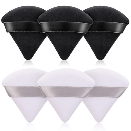 6 PCS Powder Puff Triangle Makeup Puffs for Loose Setting Powder Face Body, Foundation Blender Velour, Super Soft Eye Makeup Wedges Beauty Tools (3 White 3 Black)