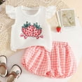 thumbnail image 2 of KPOPLK Toddler Girls Clothes Summer Outfits Ruffle Sleeve Waffle Knit Tops Cute Strawberry Print Elastic Waist Shorts with Pockets 1t 2t 3t 4t 5t(18-24 Months,White), 2 of 8