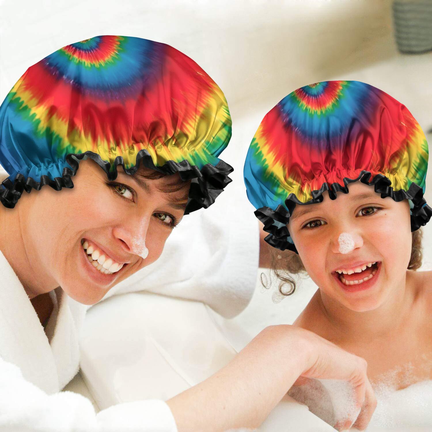 Shower Caps,Colorful Tie Dye Pattern Waterproof Shower Cap for Women 4 Pieces,Double Reusable Hair Cover for Shower PEVA Elastic Stretch Hem