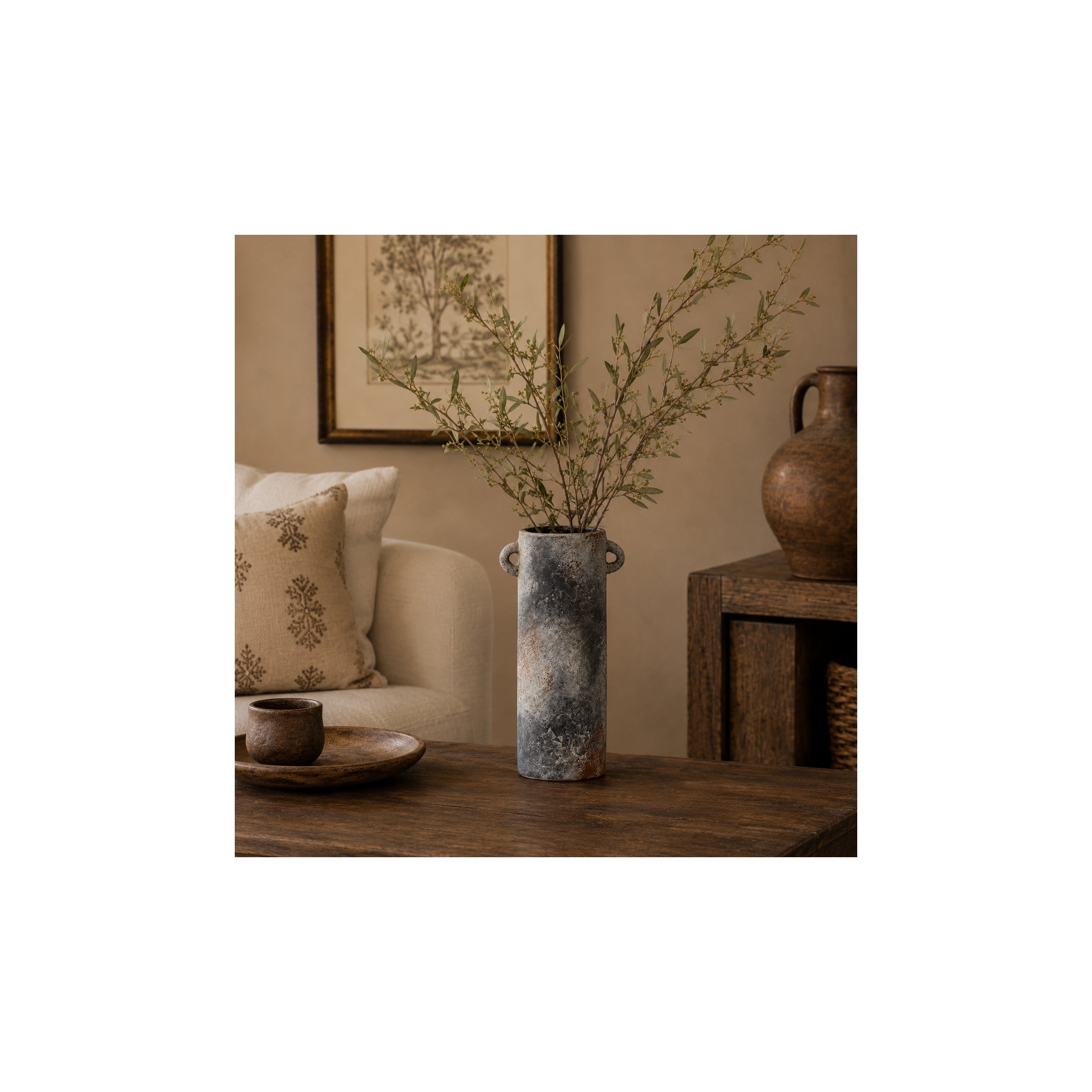 DecMode 9" Antique Style Textured Dark Gray Ceramic Vase with Brown Accents and Handles