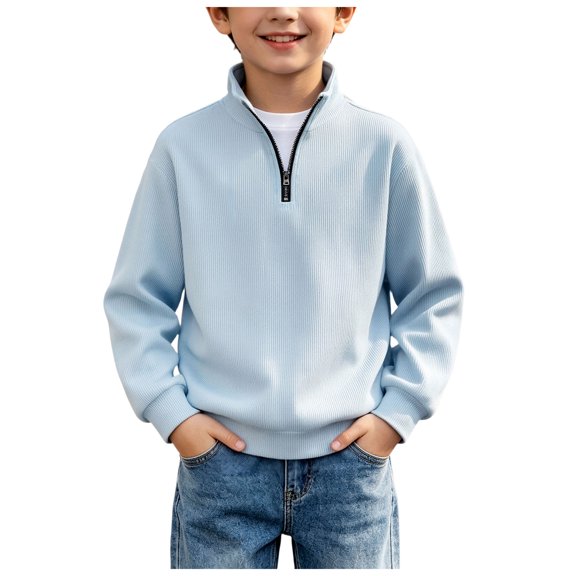 GXWEA 3T Boys Shirts Boys Solid Quarter Zip Pullover Sweatshirt Stand Collar Long Sleeve Casual Tops Basic Outerwear for Spring Autumn(Blue,7-8 Years)