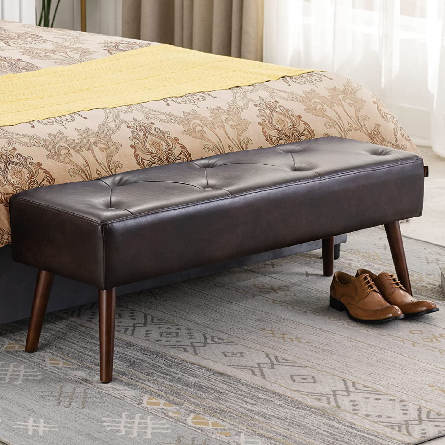 faux leather bedroom bench tufted entryway ottoman bench ,yellow