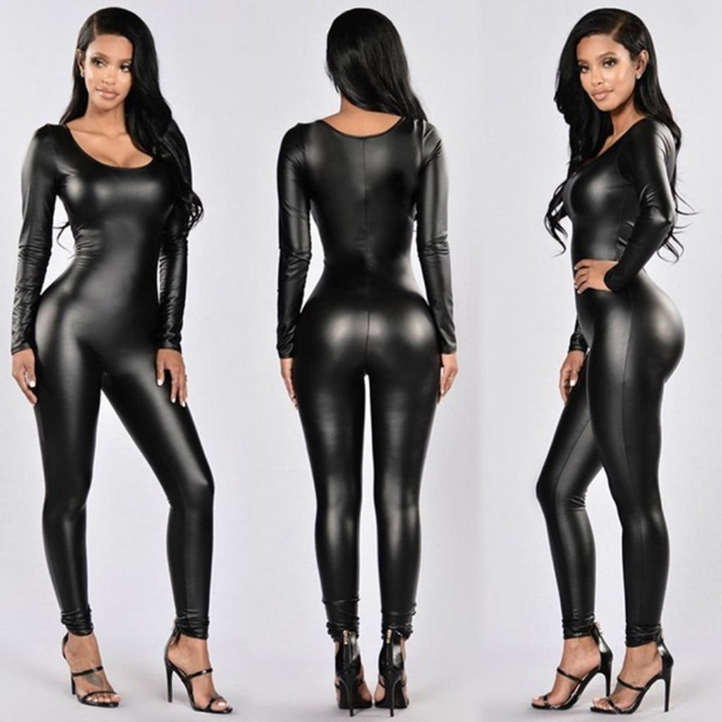 Women Open Breast Leather Bodysuit Bodycon Wet Look Catsuit Crotchless Lingeries