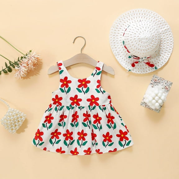 Huowey Girls Toddler Baby Summer Casual Dresses Cute Floral Print Round Neck Sleeveless Backless A-Line Big Bow Dance Party Dresses Holiday Beach Breathable Soft Cozy Clothes,RD1,18-24 Months