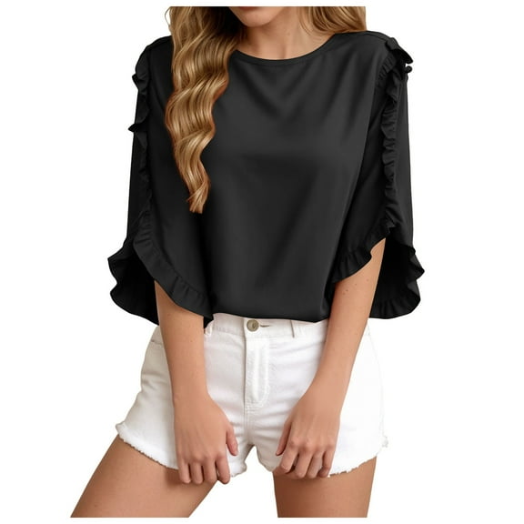 vigerkar Womens 3/4 Sleeve Tops Summer Ruffle Bell Sleeve Crewneck Dressy Work Shirts Casual Loose Tunic Blouses Black, XXL