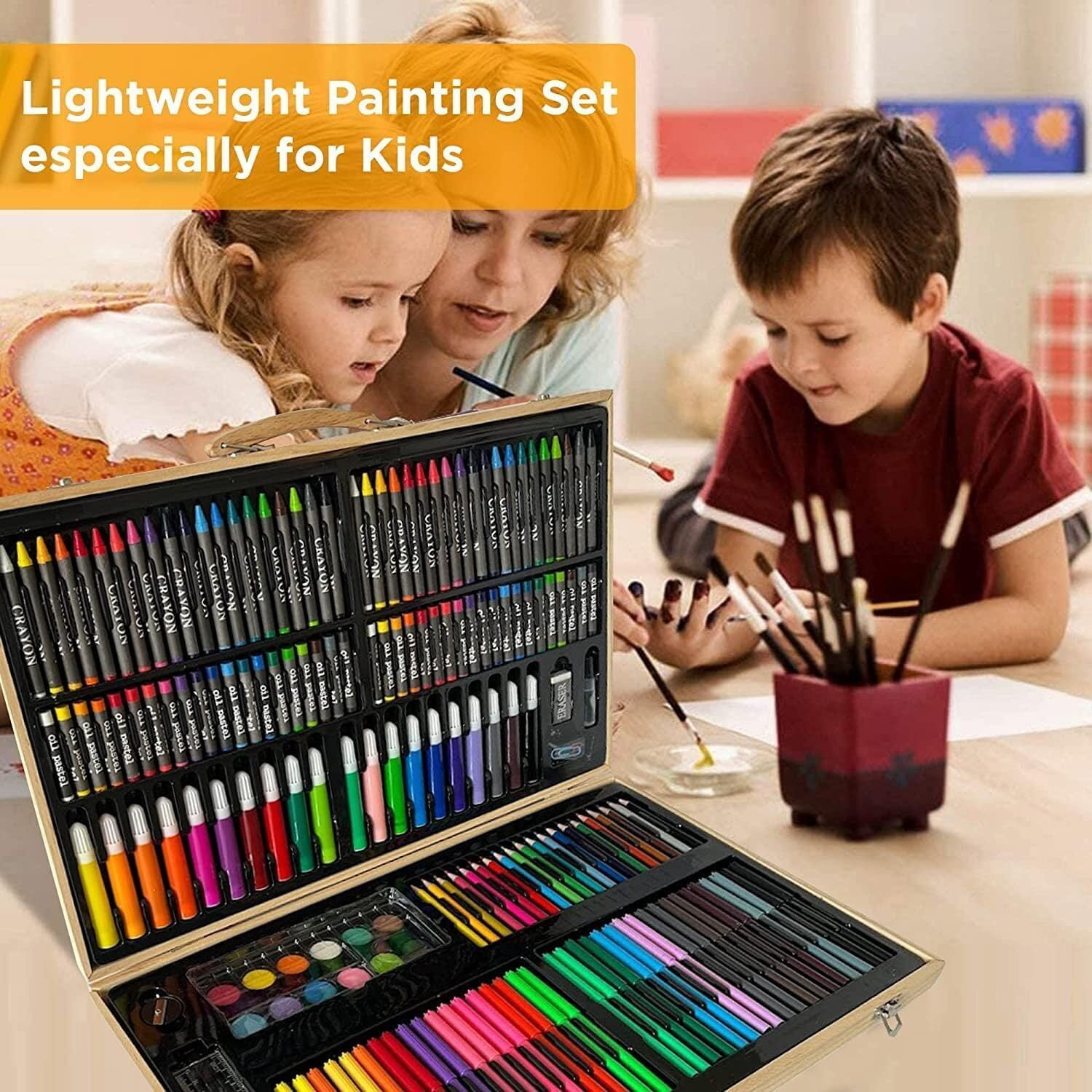 GoXteam Wood Art Set, Art Box & Drawing Kit Color Set, Art Supply Gift For 4-12 Age, Art Kit with Compact Portable Wooden Case, Kid Drawing Set All The additional supplies