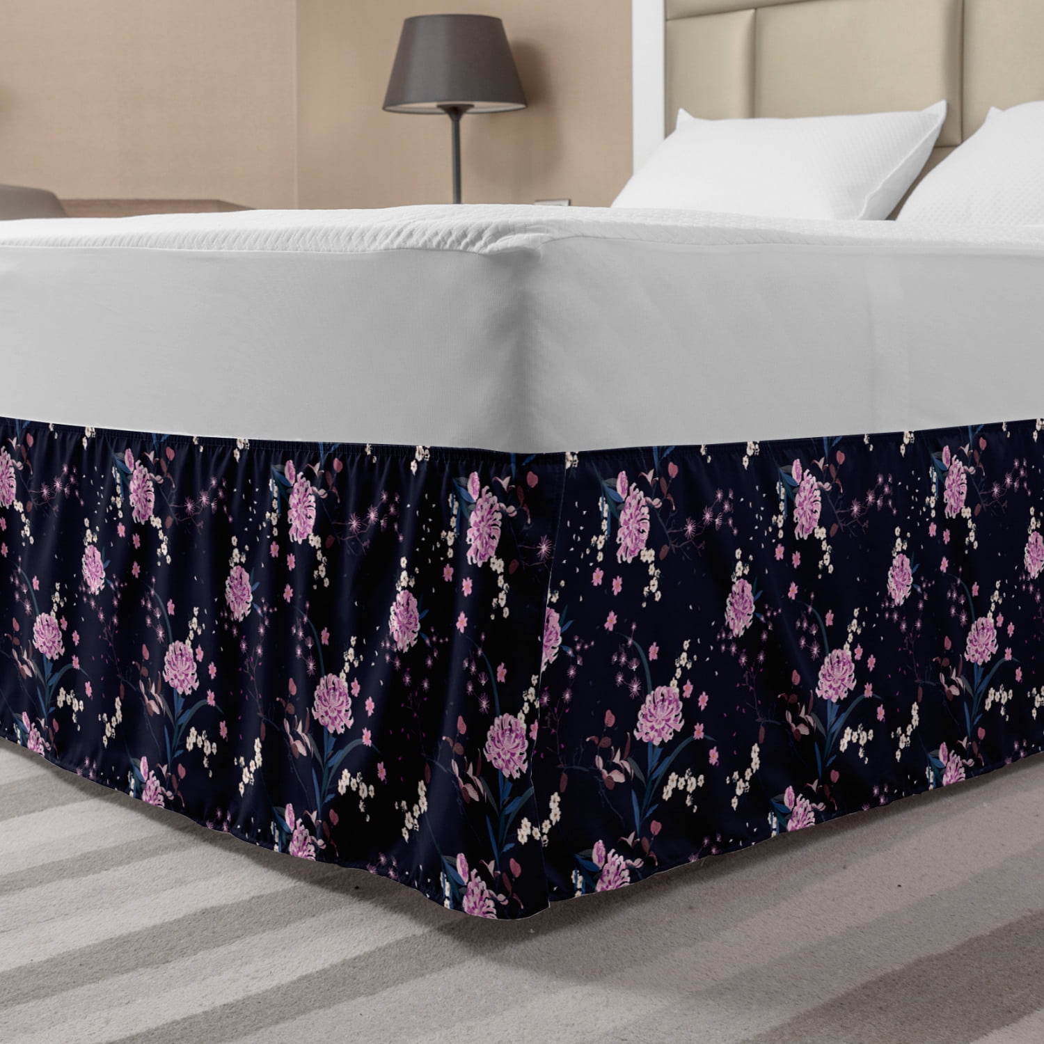 Navy Blue Bed Skirt, Numerous Botanical Ornamental Japanese Cherry