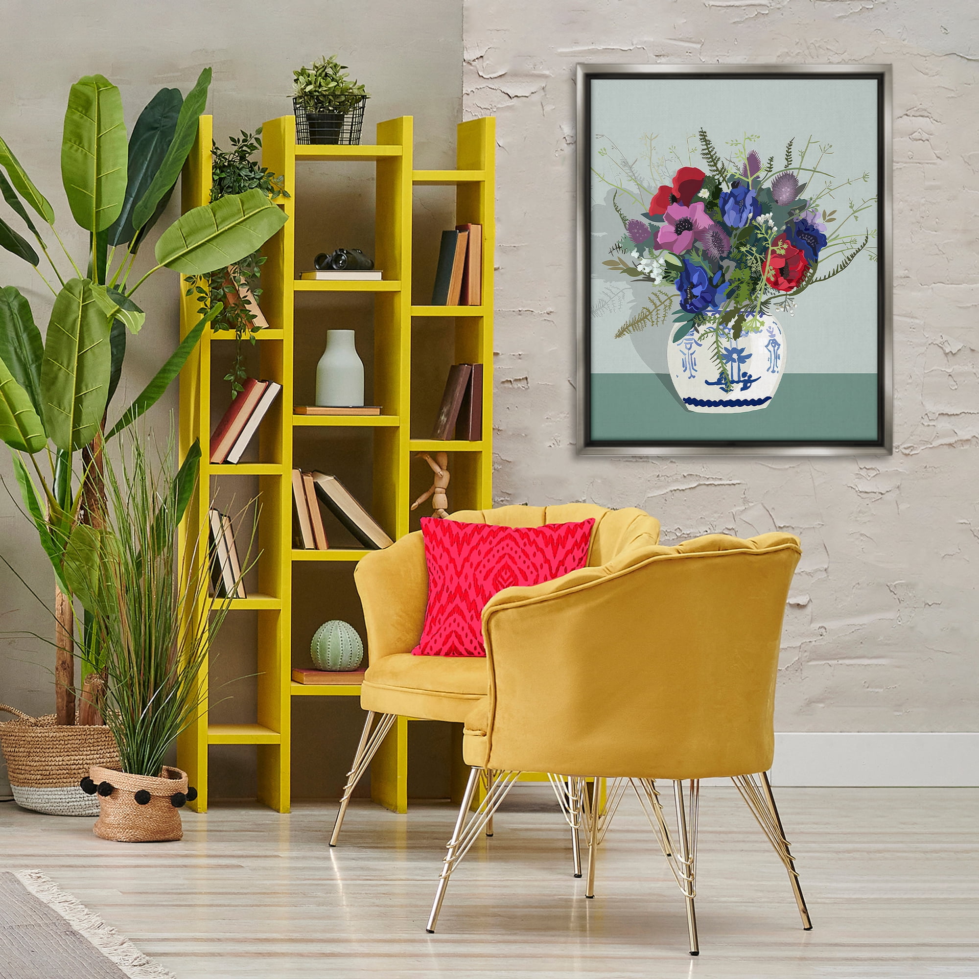 Stupell Industries Ginger Jar & Anemones Plants & Flowers Painting Gray Floater Framed Canvas Art Print Wall Art, 25 x 31