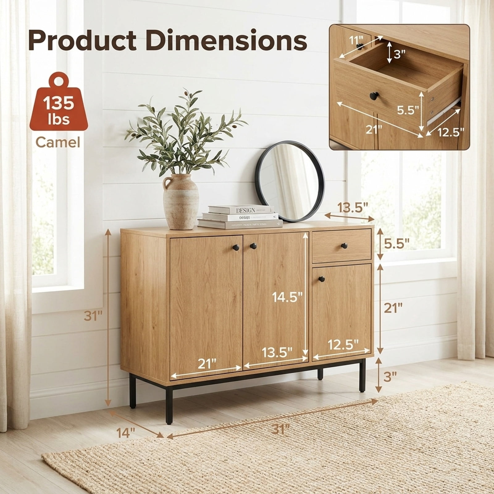 Furnibear 31" Sideboard Cabinet with 2 Open Compartments and 2 Drawers-Natrual for Kitchen Dining Living Room Buffet Storage Server, Natural