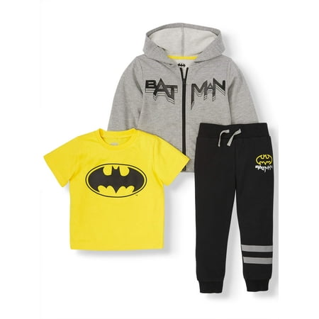 Batman Zip Up Hoodie, Short Sleeve Graphic T-shirt & Drawstring Joggers, 3pc Outfit Set (Toddler Boys)