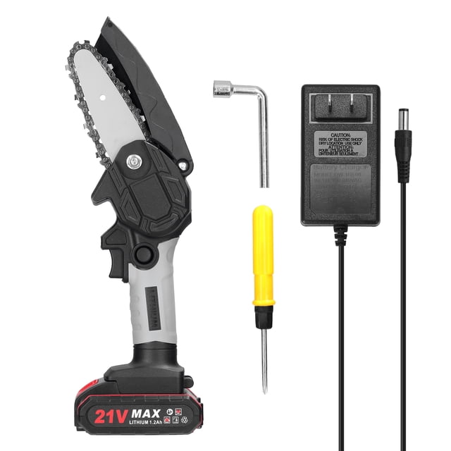 21V Cordless Mini 4-Inch Electric Chainsaw, Handheld Lithium-Ion Pruning Saw with Brush Motor, Black & Grey Design, 1 Battery & Charger Included, 110V US Plug – Ideal for Home, Woodworking, Garden