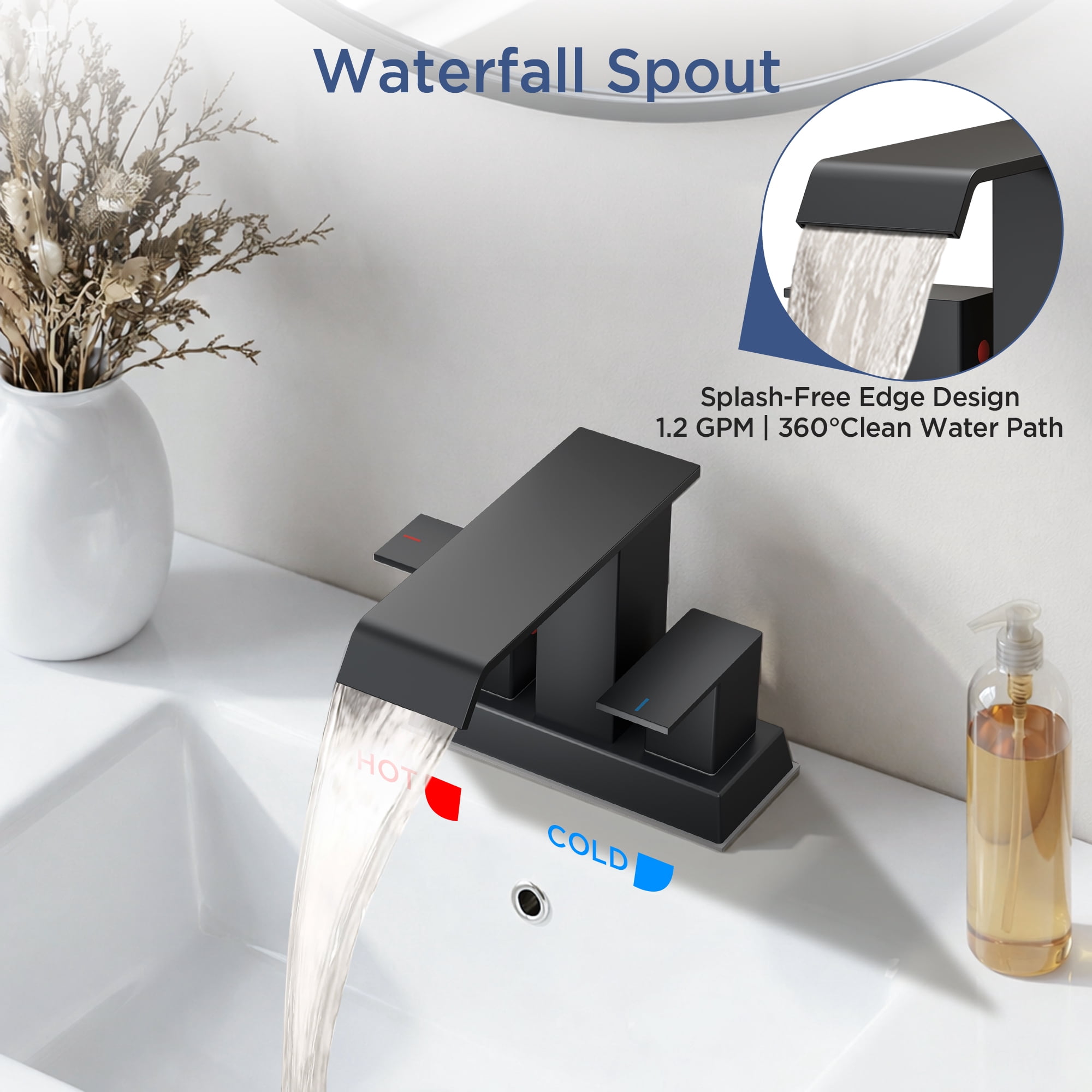TVOFEK Waterfall Bathroom Faucet, 4 inch Black Water Faucet for Sink 3 or 2 Hole with Metal Pop up Drain, Stainless Steel Faucet for Vanity RV