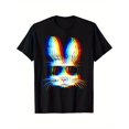 thumbnail image 1 of Men's Black Retro Vaporwave T Shirt Neon Rabbit in Fashion Glasses Graphic Tee, 1 of 5