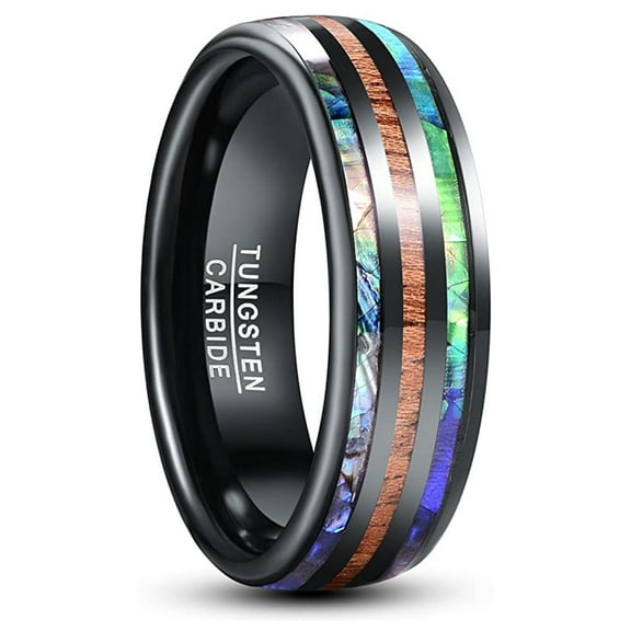 8mm Black Mens Abalone Shell Tungsten Ring Hawaiian Koa Wood Inlay Wedding Bands Dome Style Comfort Fit Size 7-12