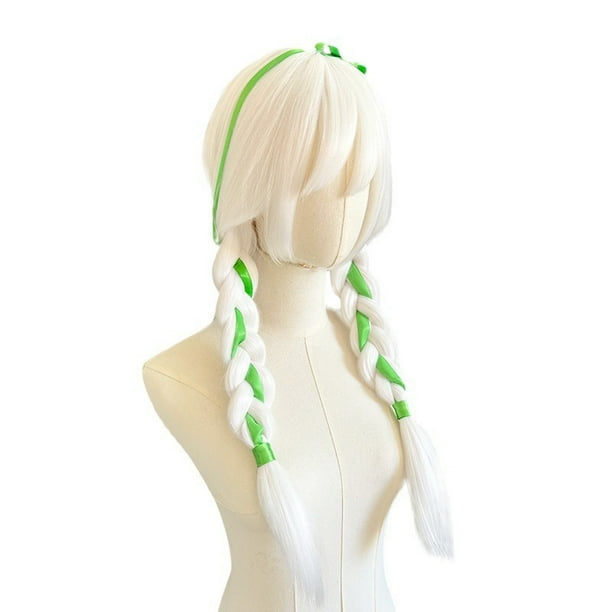 Peluca de cosplay blanca trenzada con cinta verde de 60 cm para adultos y niños