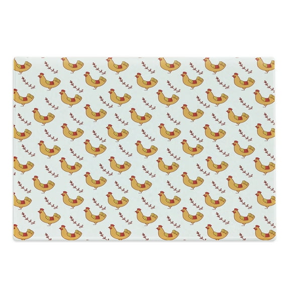 Hen Cutting Board, Continuous Pattern of Doodle Chicken and Leafy Branch, Decorative Tempered Glass Cutting and Serving Board, in 3 Sizes, by Ambesonne