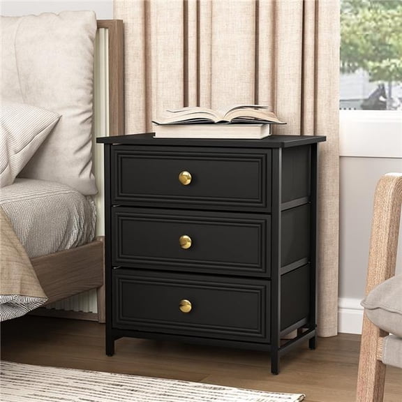 Liveditor  Modern 2-Piece 3 Drawers Bedside Table Nightstand in Black for Bedroom