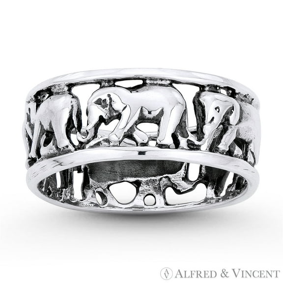 Elephant Herd Animal Charm Right-Hand Eternity Band in Oxidized .925 Sterling Silver