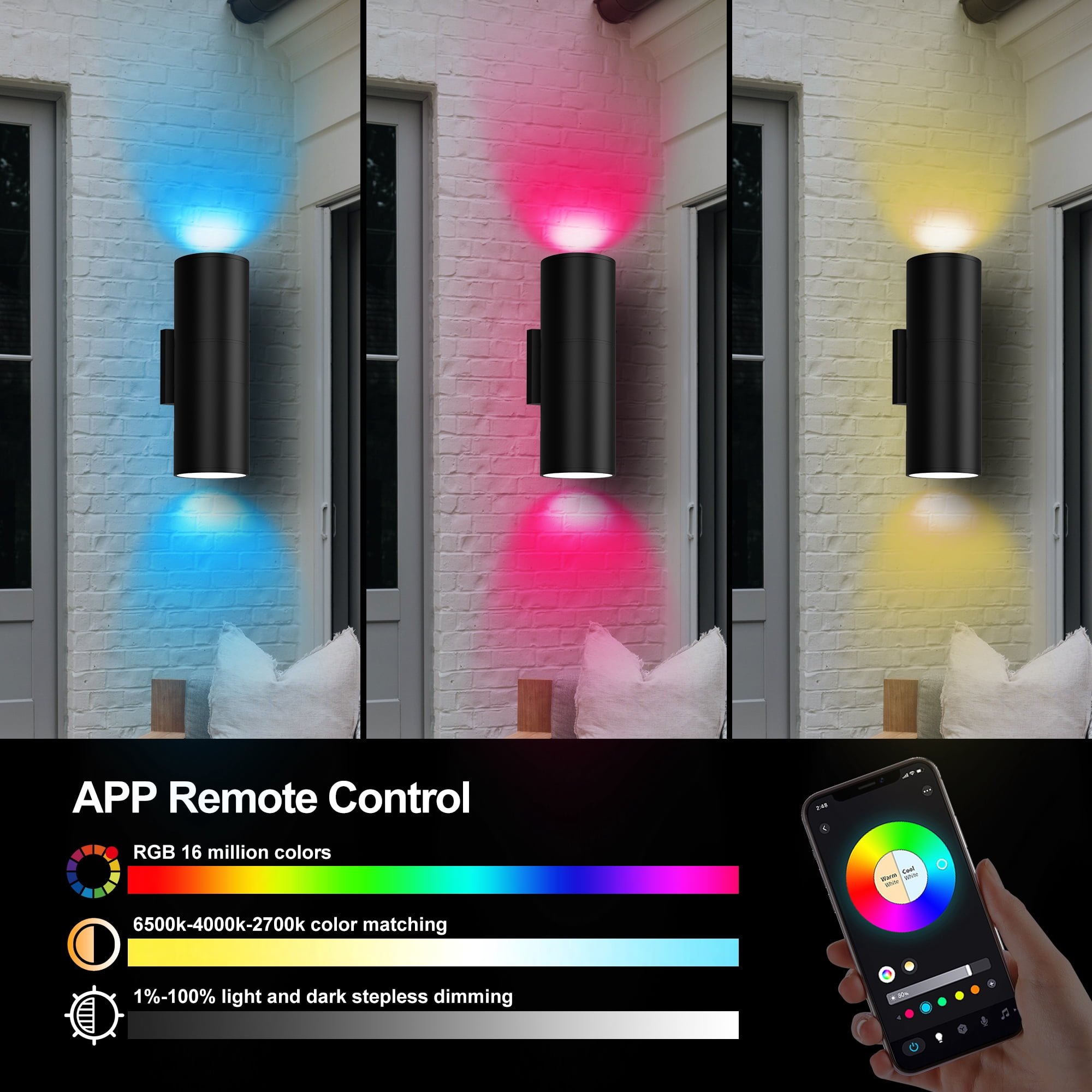 Smart RGBCW Up and Down Outdoor Wall Lights 120W, Dual Beam LED Wall Sconce with App & RF Control, 2700K-6500K Adjustable White, Color Changing Dimmable Exterior Light for Porch, Patio, Garage（2Pack）
