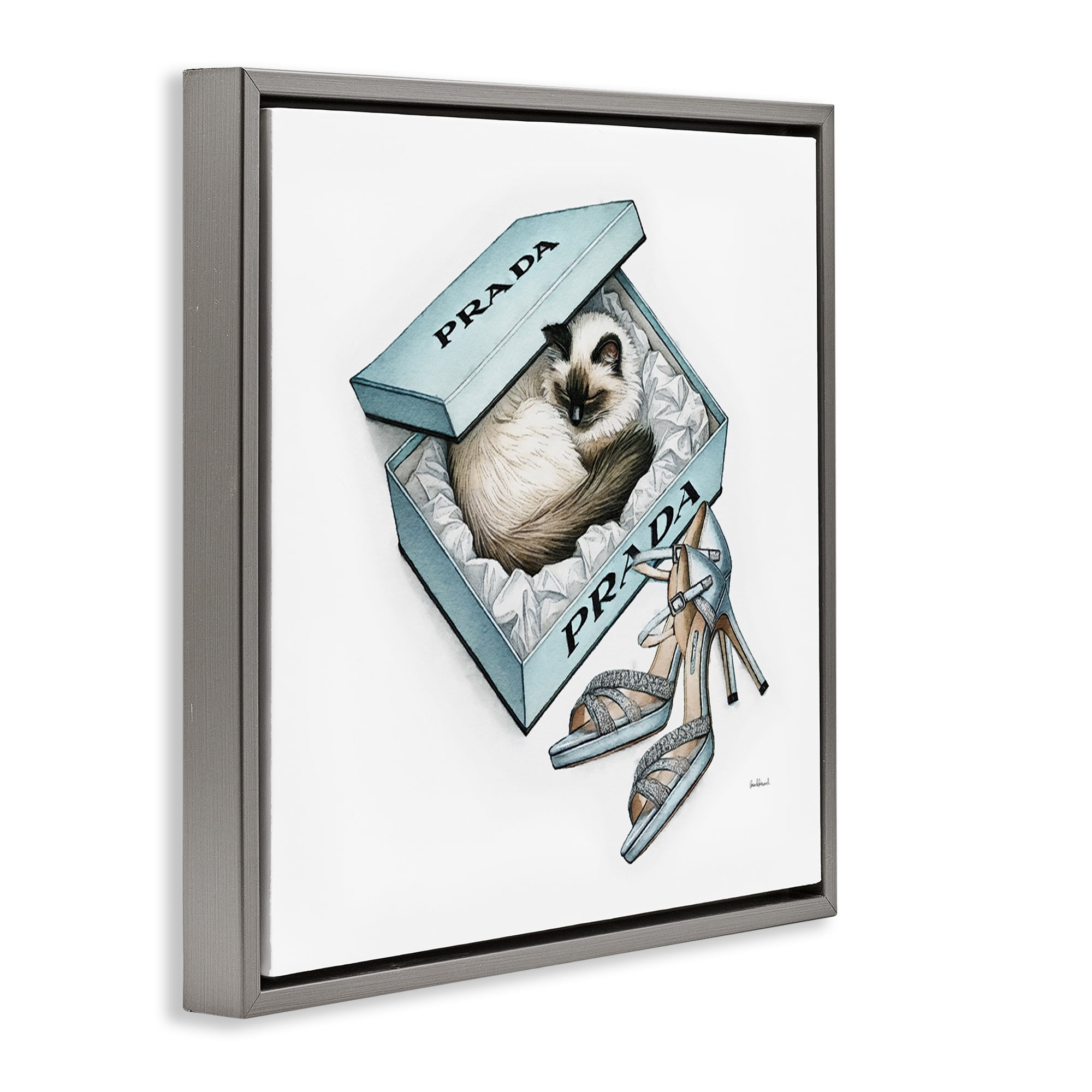 Stupell Industries Sleepy Kitten in Shoebox Animals Painting Gray Floater Framed Canvas Art Print Wall Art, 25 x 25