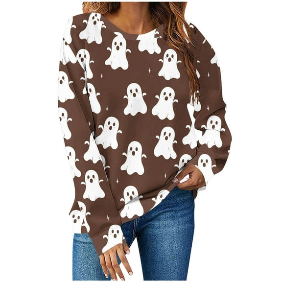 Moxiu Ghost Sweatshirts for Women Spooky Season Funny Long Sleeve Graphic Crewneck Pullover Tops Cute Holiday Sweater Brown,XL